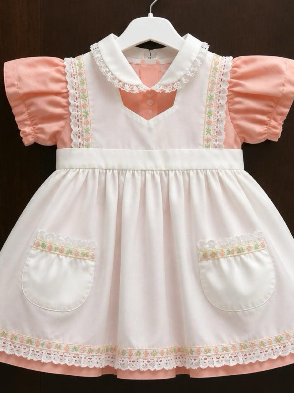 Vintage Style Girls Pink & White Pinafore Dress Apron Lace Pockets